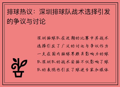 排球热议：深圳排球队战术选择引发的争议与讨论